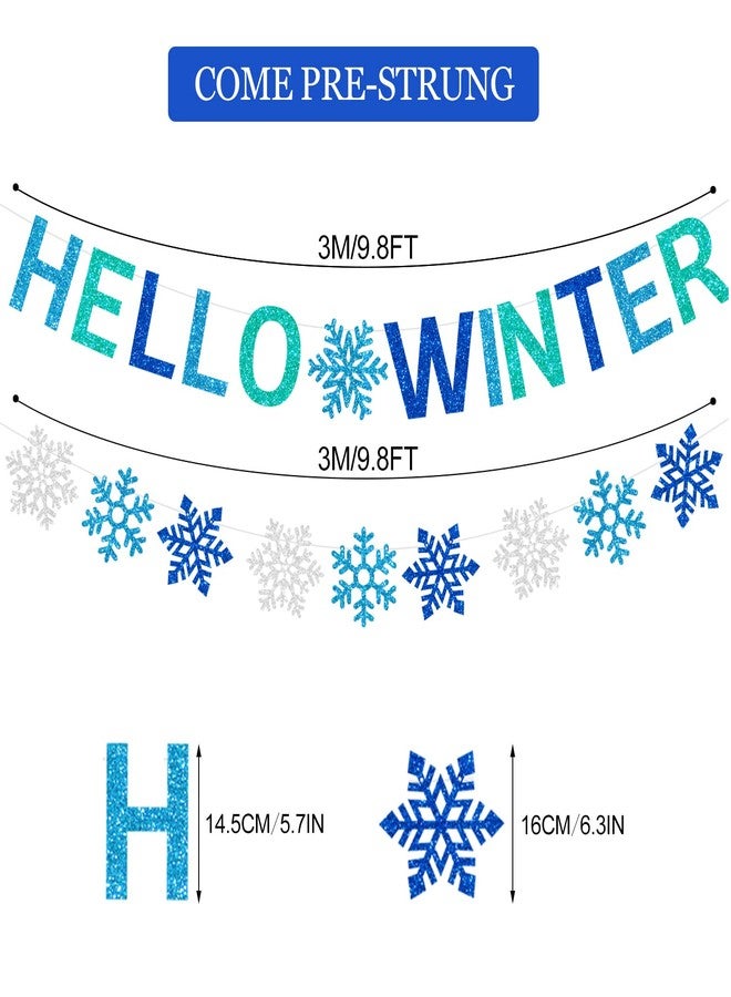 PTFNY Glittery Hello Winter Banner White Blue Snowflake Banner Winter Wonderland Baby Shower Decorations Christmas Winter Holiday Party Decorations - Image 2